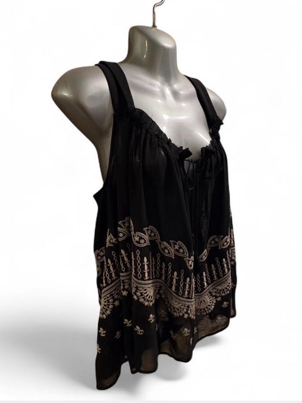 Vintage Tuscan Mom Style Black Boho Embroidered Sleeveless Tunic Top Sz L